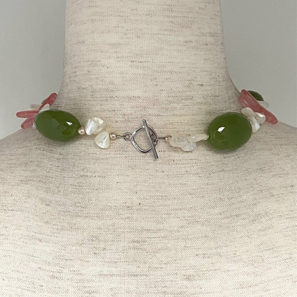 Sterling Silver 925 Beaded Oval Faceted Chrysoprase MOP & Pearl Necklace 17.5" - Picture 5 of 16